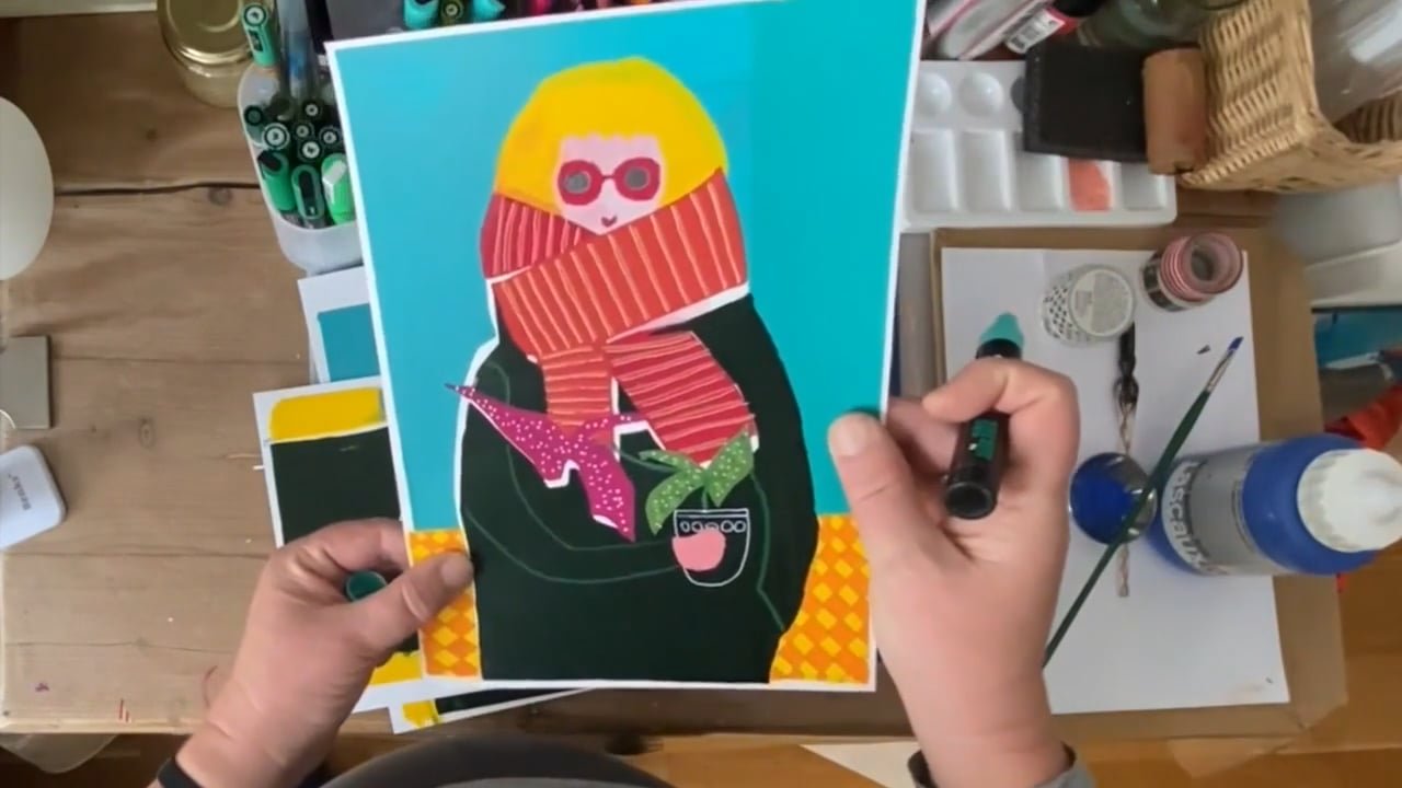 Mehrfarbiger Siebdruck einer Figur mit Schal